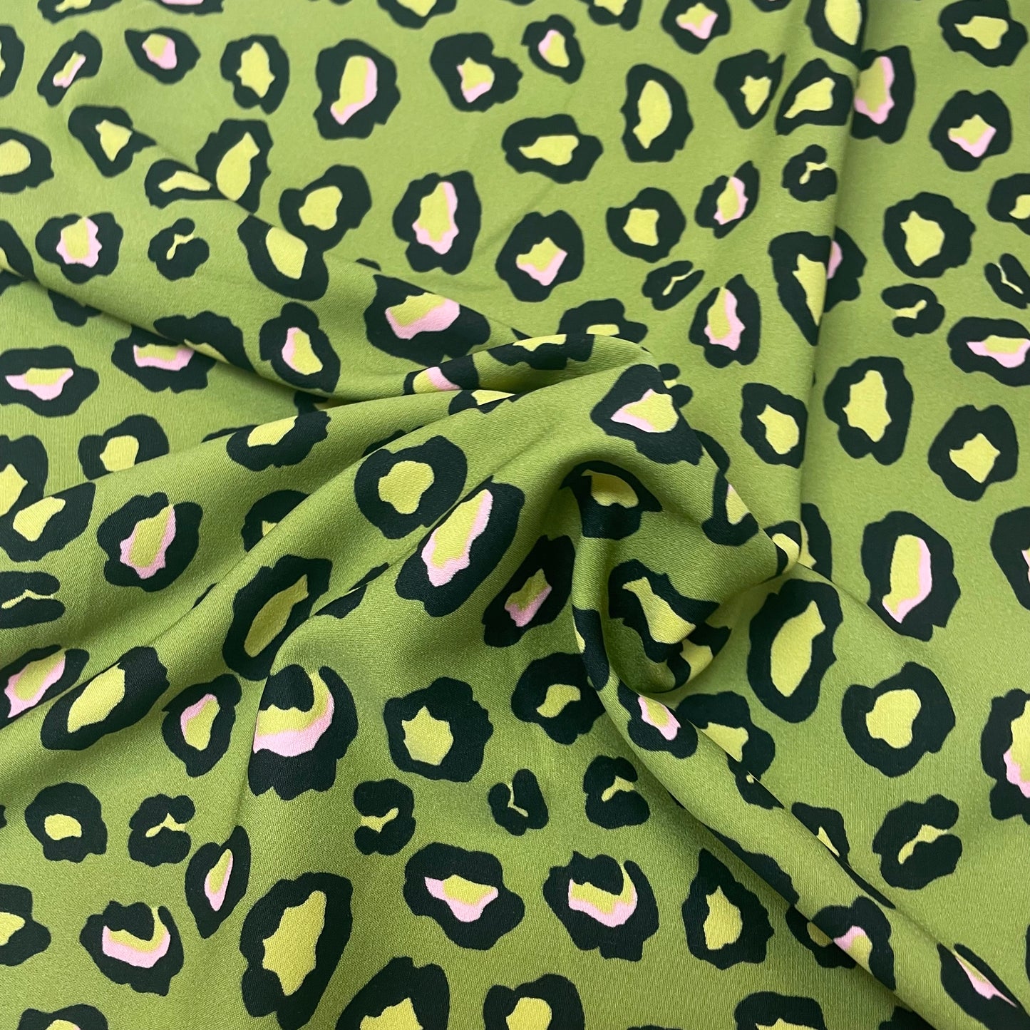 Green & Pink Leopard Print Heavy Crepe Deadstock Fabric
