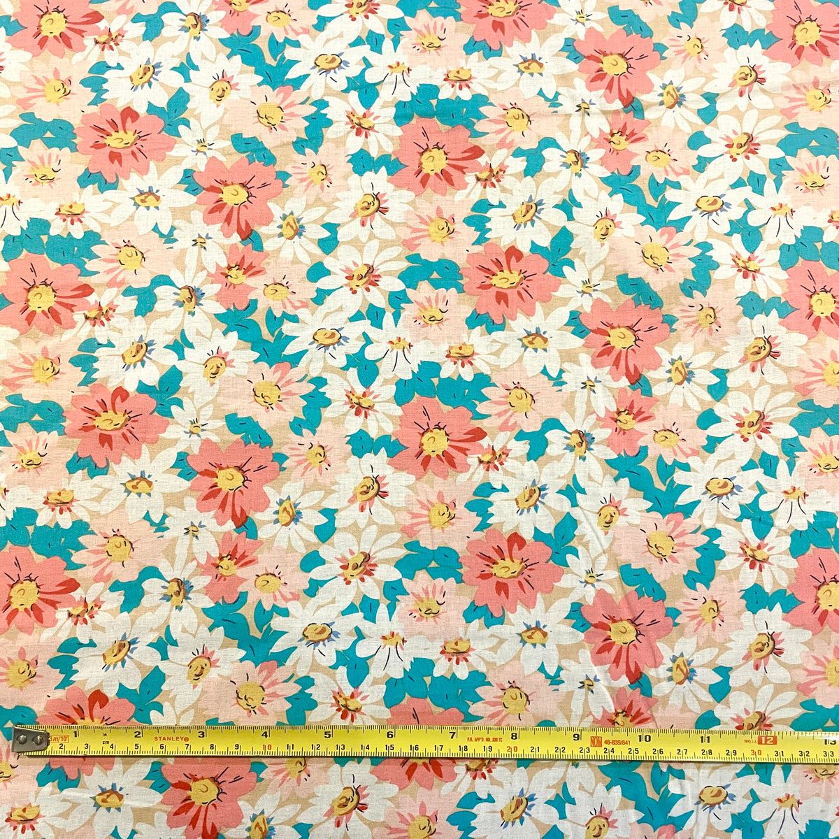 Pink, White & Teal Daisy Floral Deadstock Fabric