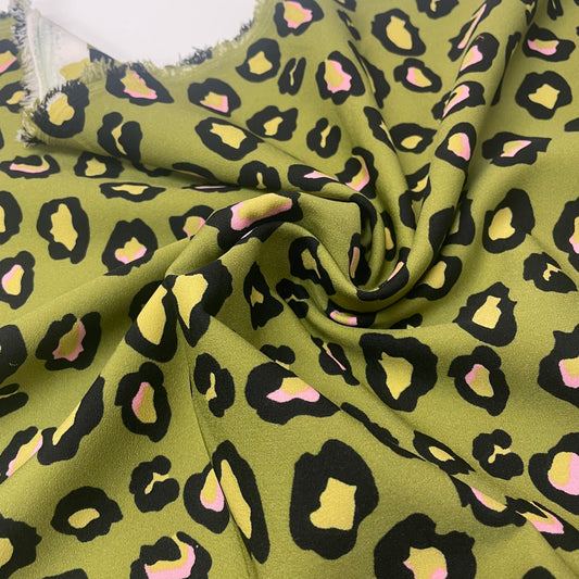 Green & Pink Leopard Print Heavy Crepe Deadstock Fabric
