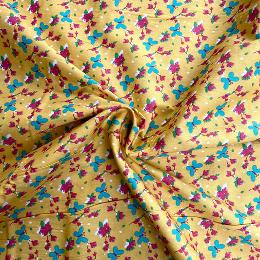 Yellow, Teal & Pink Butterfly Floral Cotton Deadstock Fabric