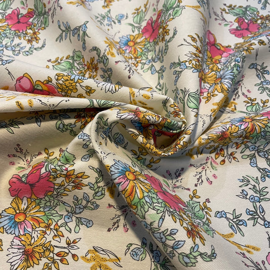 Deadstock Cream Floral Print Stretch Polycotton - Medium-Heavy