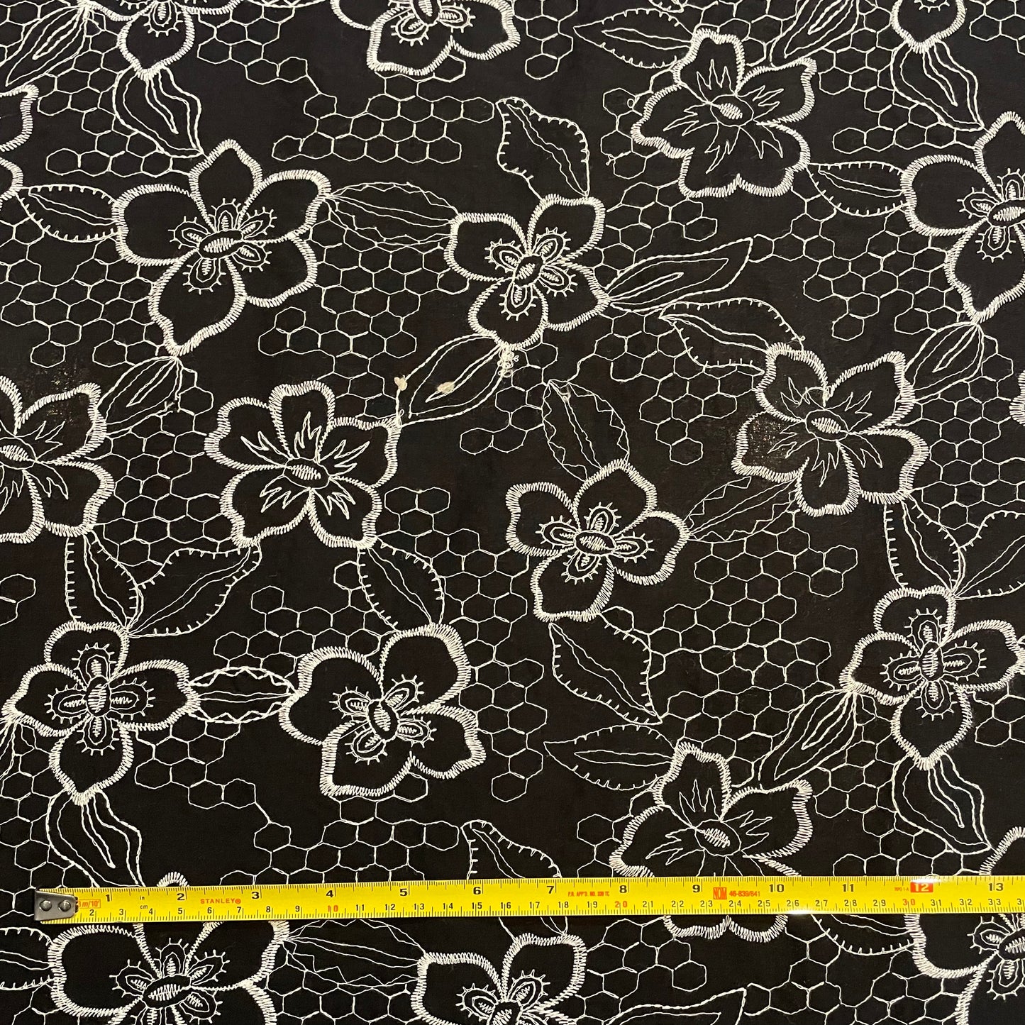 Deadstock Black Cotton with White Embroidered Floral