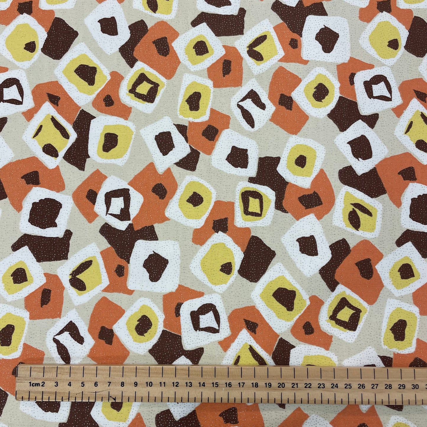 Brown & Orange Geometric Silver Sparkle Cotton Stretch Deadstock Fabric