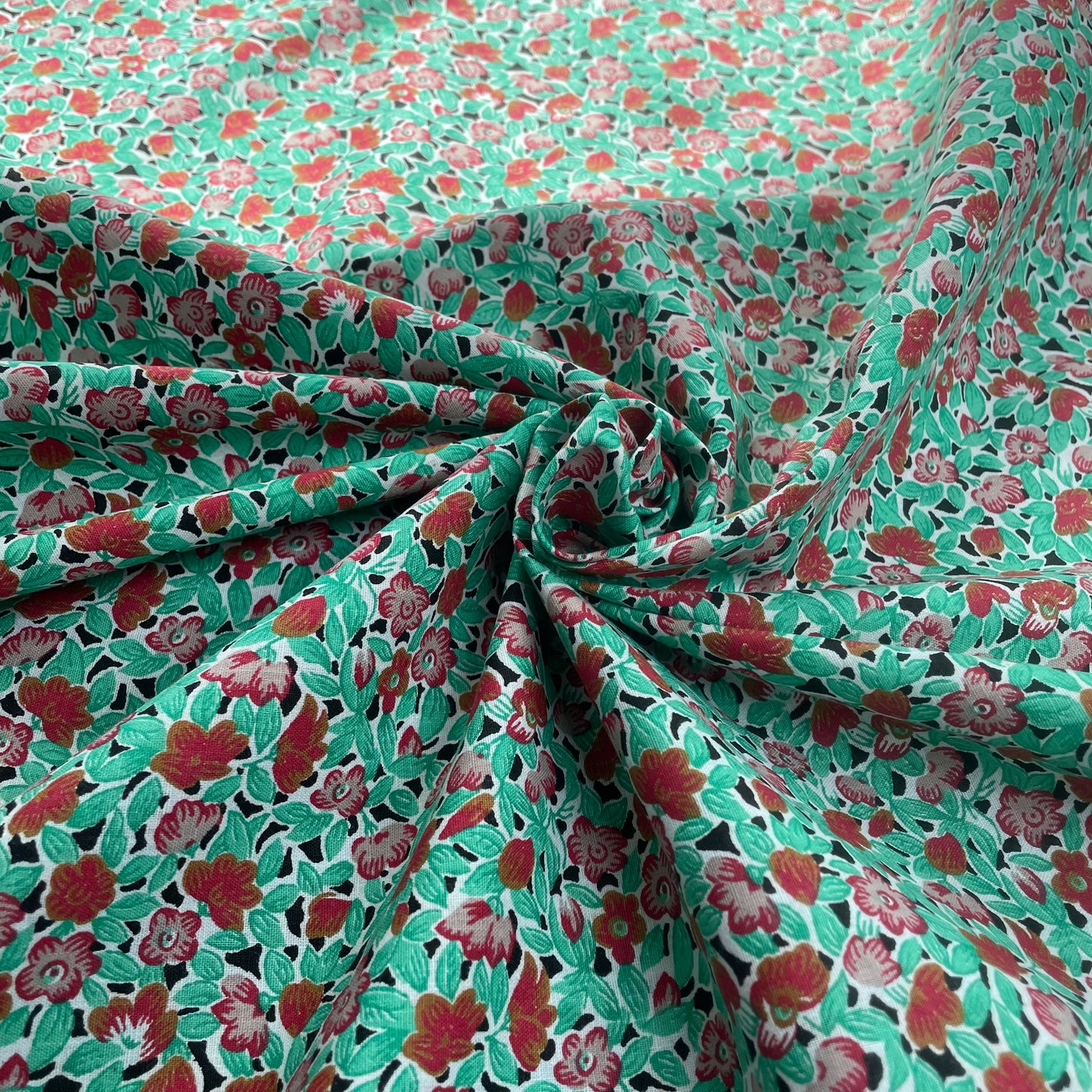Green & Red Floral Block Printed Egyptian Cotton Deadstock Fabric