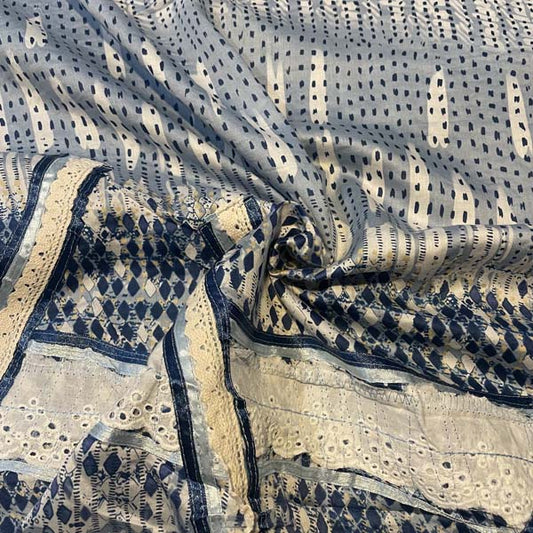 Blue & White Abstract Lace Detail Cotton Deadstock Fabric