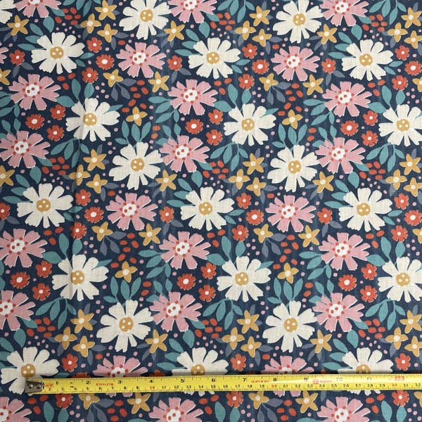 Navy Pink Daisy Floral Cotton Deadstock Fabric