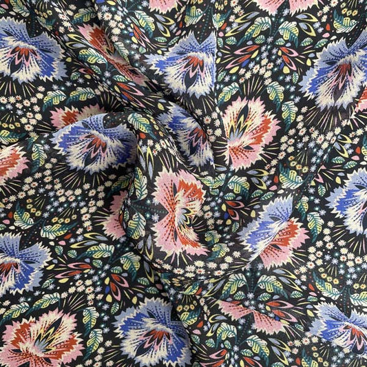 Red & Blue Feather Floral Chiffon Deadstock Fabric