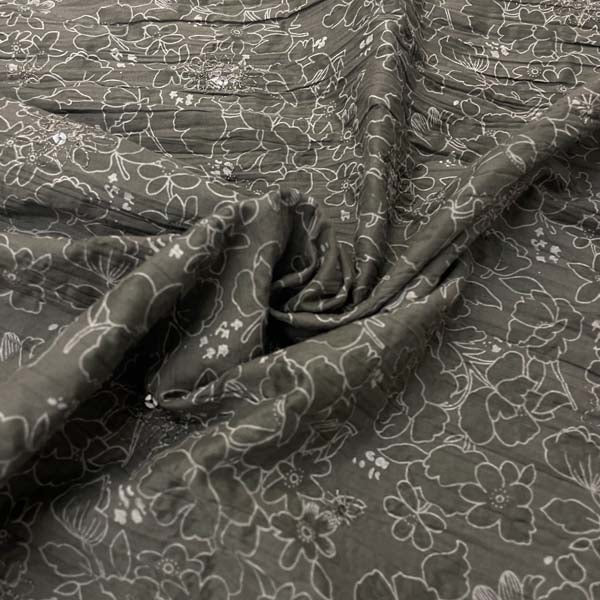 Khaki Green Floral Sequin Seersucker Deadstock Fabric