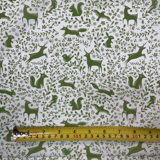Green & White Winter Forest Animals Printed Polycotton Fabric