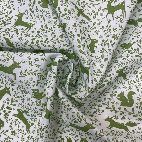 Green & White Winter Forest Animals Printed Polycotton Fabric