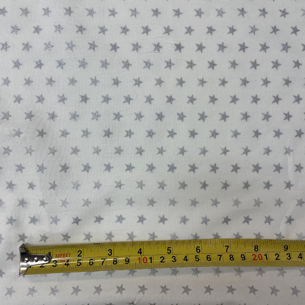 Metallic Silver Star Print White Cotton Deadstock Fabric