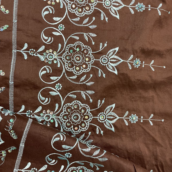 Brown Cotton with Turquoise Embroidered Sequin Border Deadstock Fabric