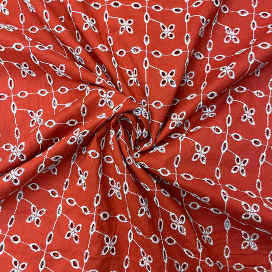 Deadstock Red & White Broderie Anglaise Cotton Fabric