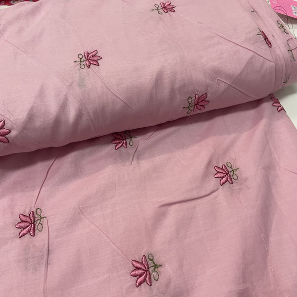 Deadstock Lotus Flower Embroidered Pink Lightweight Cotton Muslin Fabric
