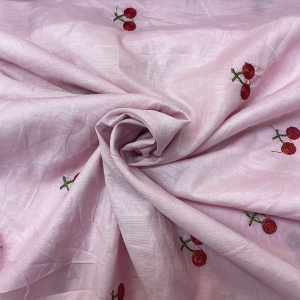 Deadstock Cherry Embroidered Pink Lightweight Cotton Muslin Fabric