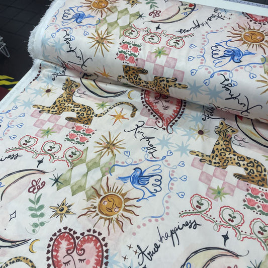 Deadstock Luxe Doodle Print Satin Style Dress Fabric