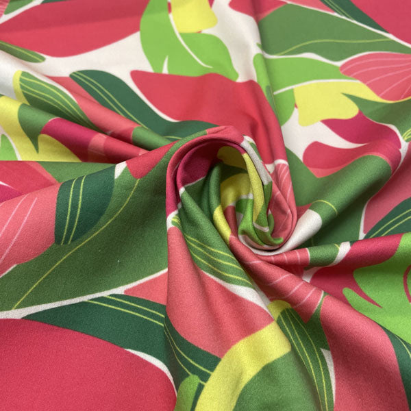 Deadstock Banana Leaf Print Cotton Satin Lycra Stretch Fabric