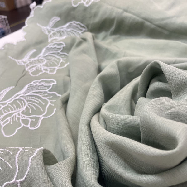 Deadstock Sage Green Floral Embroidered Border Cotton Muslin Fabric