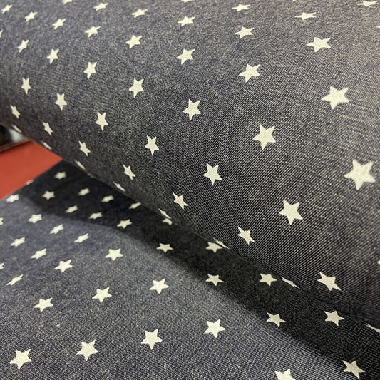 Deadstock White Star Print Navy Denim Fabric