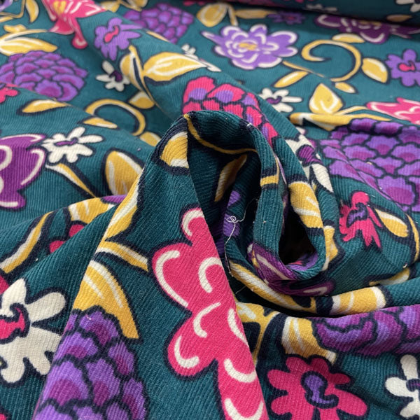 Deadstock Pink & Purple Floral Jacobean Green Needlecord Fabric