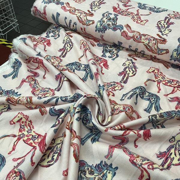 Deadstock Pink Pony Club Horse Print Viscose Twill Fabric