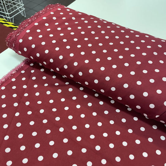 Deadstock Wine Red & White Polka Dot Satin Style Crepe Fabric