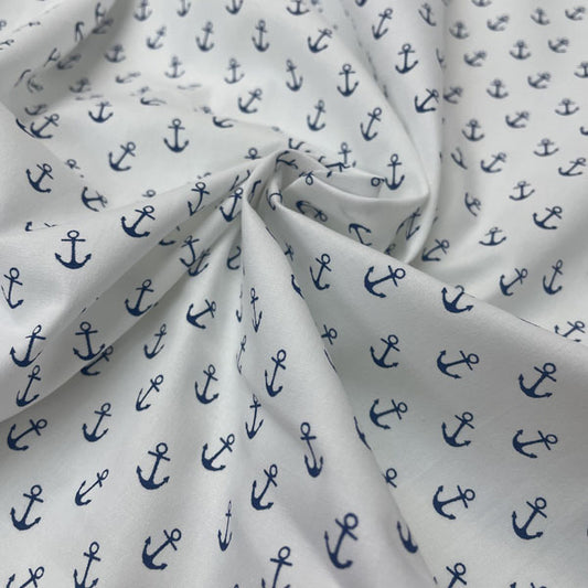 Navy & White Anchor Print 100% Cotton Craft Fabric