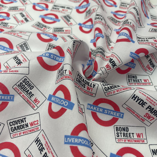 London Underground Tube Station & Road Sign 100% Cotton Craft Fabric