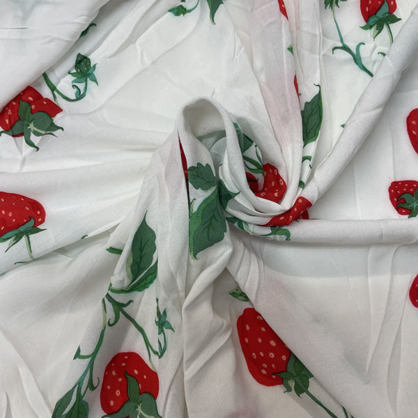 Deadstock Strawberry Print White Modal Fabric