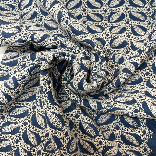 Deadstock Air Force Blue Broderie Anglaise Cotton with Leaf Detail