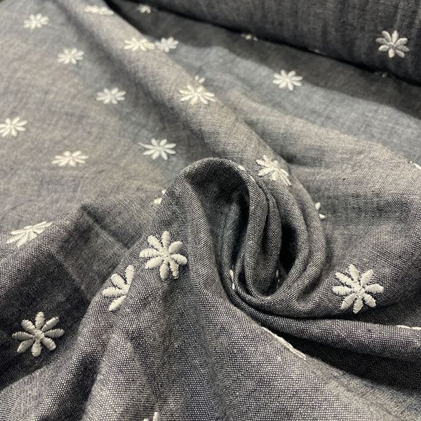 Deadstock Floral Daisy Embroidered Washed Grey Blue Denim Chambray Fabric