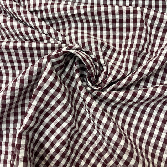 Deadstock Burgundy & White Seersucker Gingham Cotton Fabric
