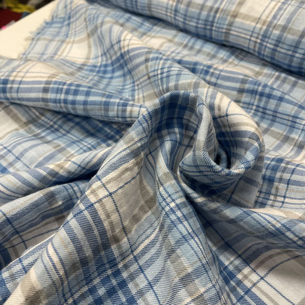 Deadstock Blue, White & Grey Check Soft Shirting Fabric