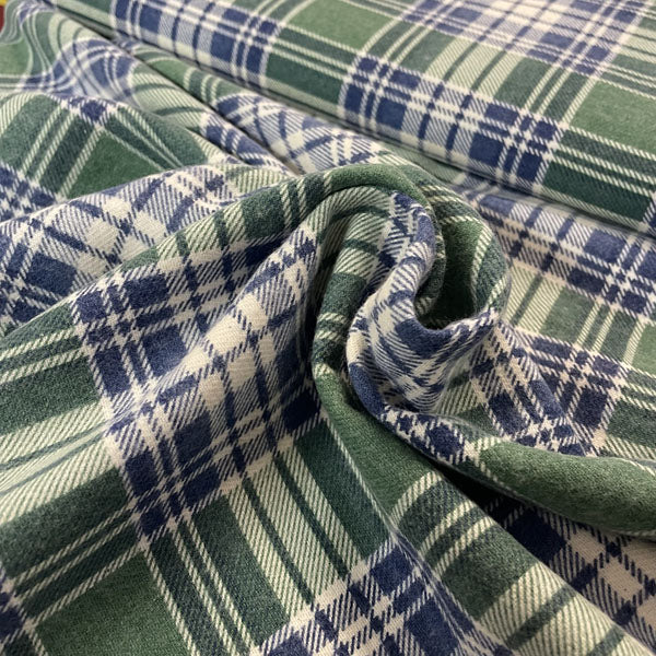 Deadstock Green, Blue & White Brushed Cotton Check Fabric