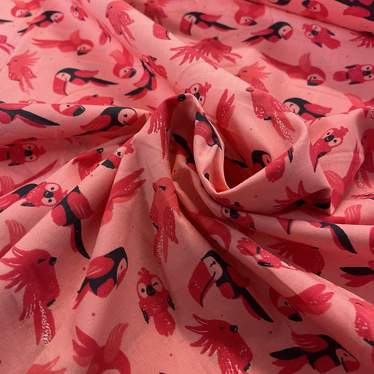 Deadstock Pink Parrot & Tropical Bird Print Cotton Poplin