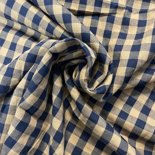 Deadstock Tan & Navy Gingham Check Viscose Twill Blend