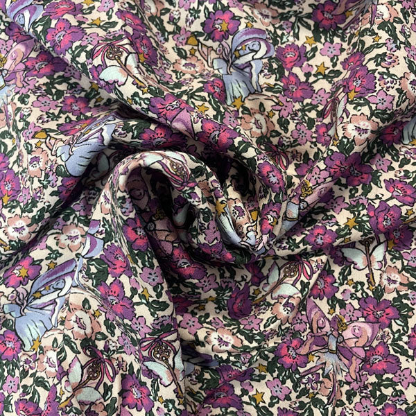 Deadstock Fairies & Florals Purple & Pink Printed Polyester Dress Fabric