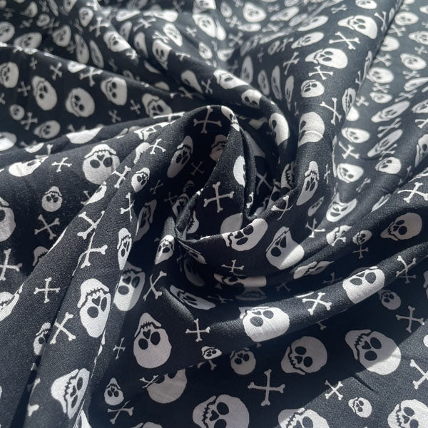 Deadstock Black & White Skull & Crossbones Print Cotton Fabric