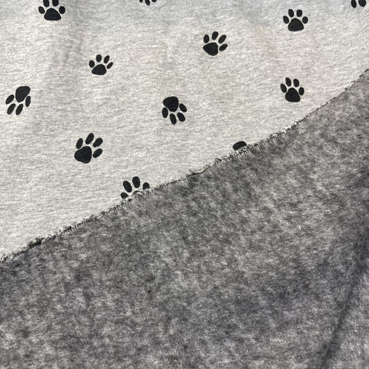 Deadstock Grey & Black Paw Print Alpine Fleece Backed Sweatshirting Fabric