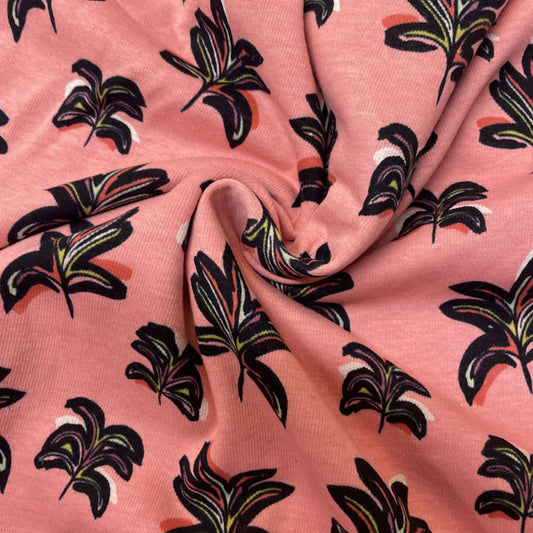 Deadstock Pink Geometric Palm Leaf Alpine Fleece Backed Sweatshirting Fabric