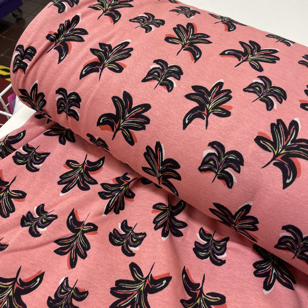 Deadstock Pink Geometric Palm Leaf Alpine Fleece Backed Sweatshirting Fabric