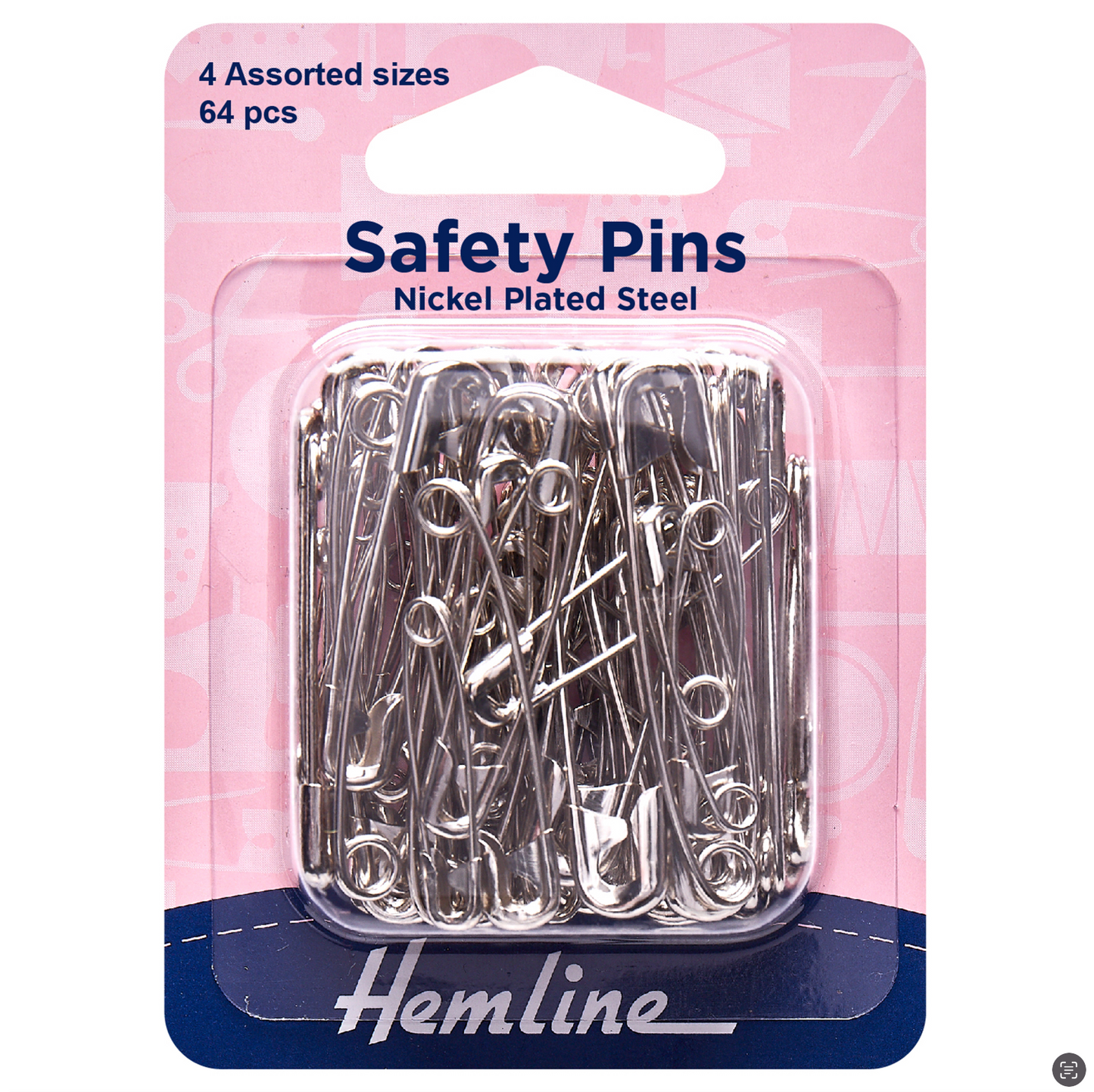 Safety Pins: Assorted Sizes: Nickel: 64 Pieces