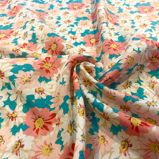 Pink, White & Teal Daisy Floral Deadstock Fabric