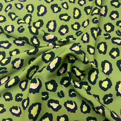 Green & Pink Leopard Print Heavy Crepe Deadstock Fabric