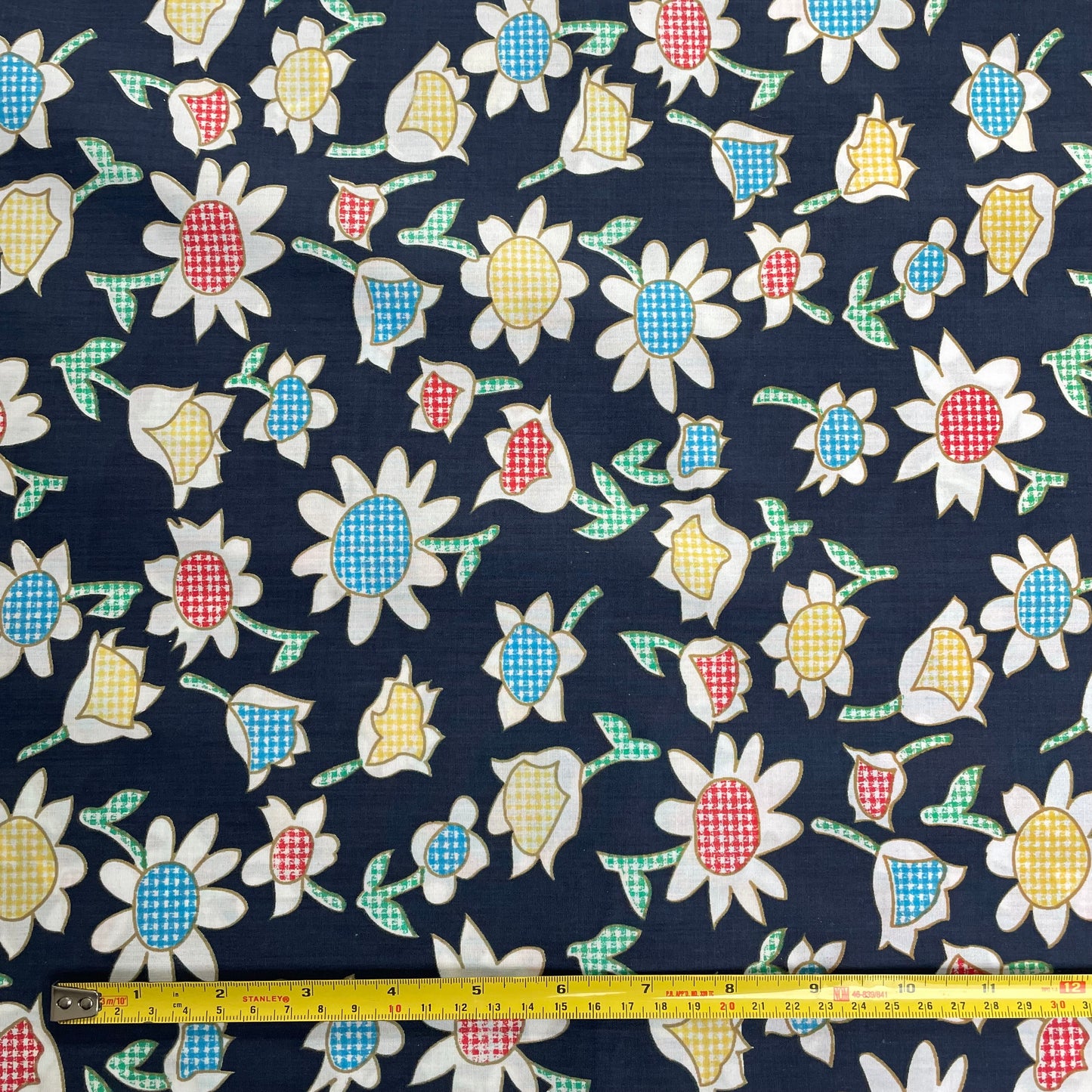 Gingham Daisy Printed Navy Polycotton Deadstock Fabric