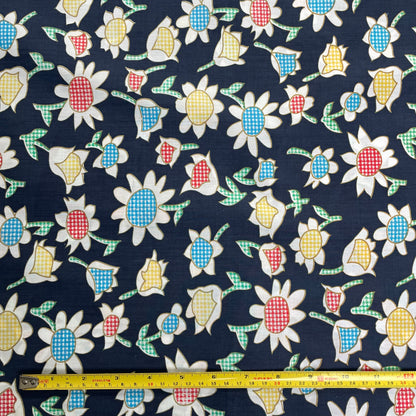 Gingham Daisy Printed Navy Polycotton Deadstock Fabric