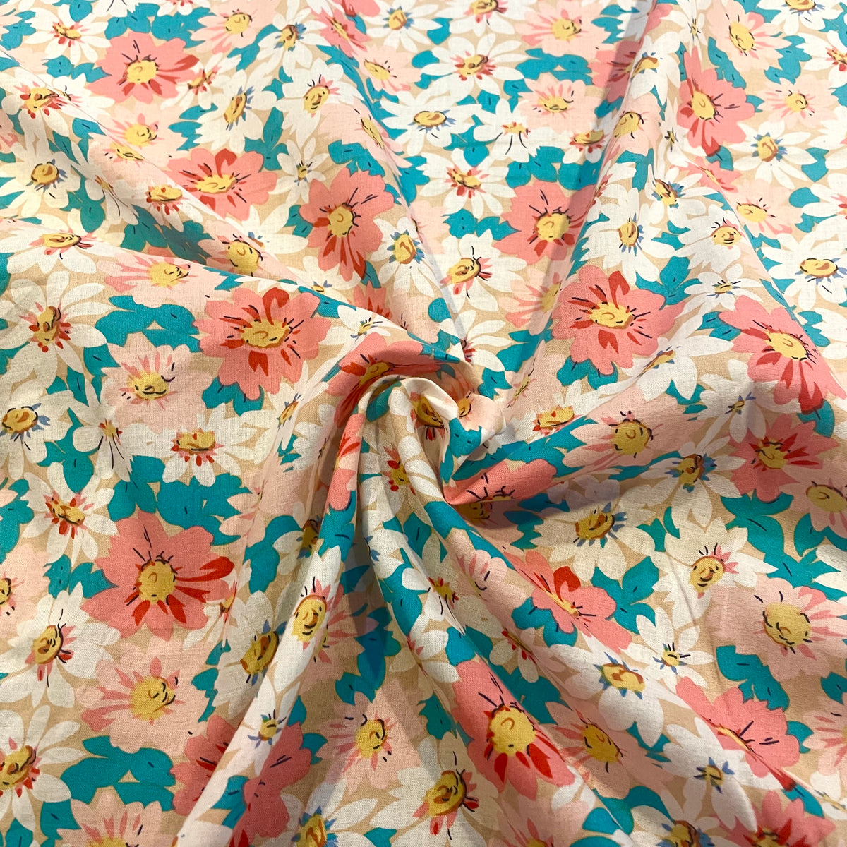 Pink, White & Teal Daisy Floral Deadstock Fabric
