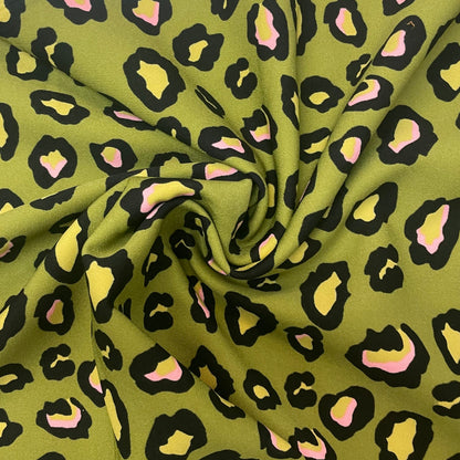 Green & Pink Leopard Print Heavy Crepe Deadstock Fabric