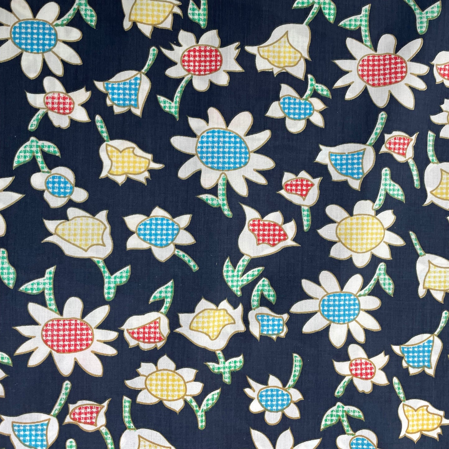 Gingham Daisy Printed Navy Polycotton Deadstock Fabric