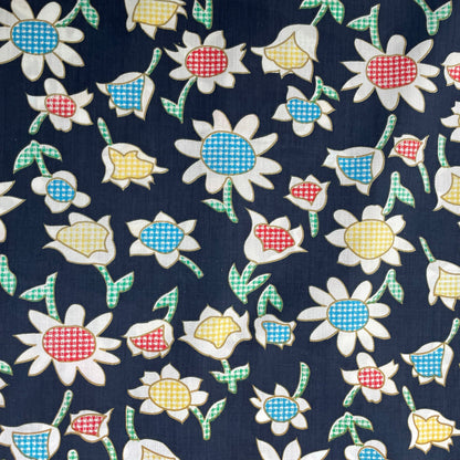 Gingham Daisy Printed Navy Polycotton Deadstock Fabric